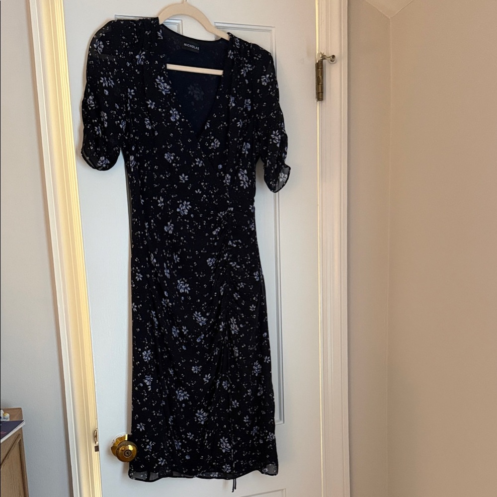 Nicholas Black Midi Dress with Subtle Blue Floral Print